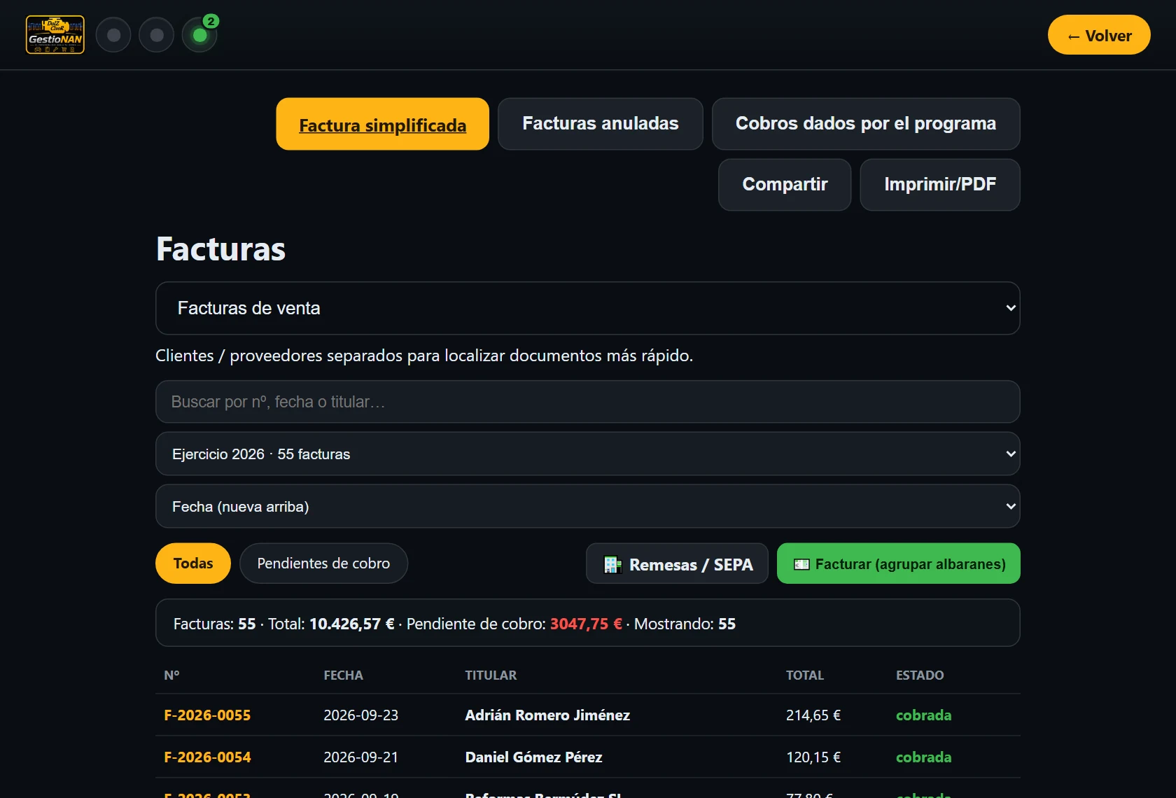 Lista de facturas en GestioNAN con estado cobrada o pendiente y total pendiente de cobro