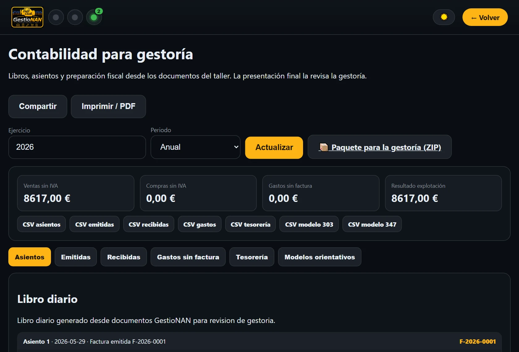 Contabilidad para gestoría en GestioNAN con libro diario y paquete para enviar a la gestoría