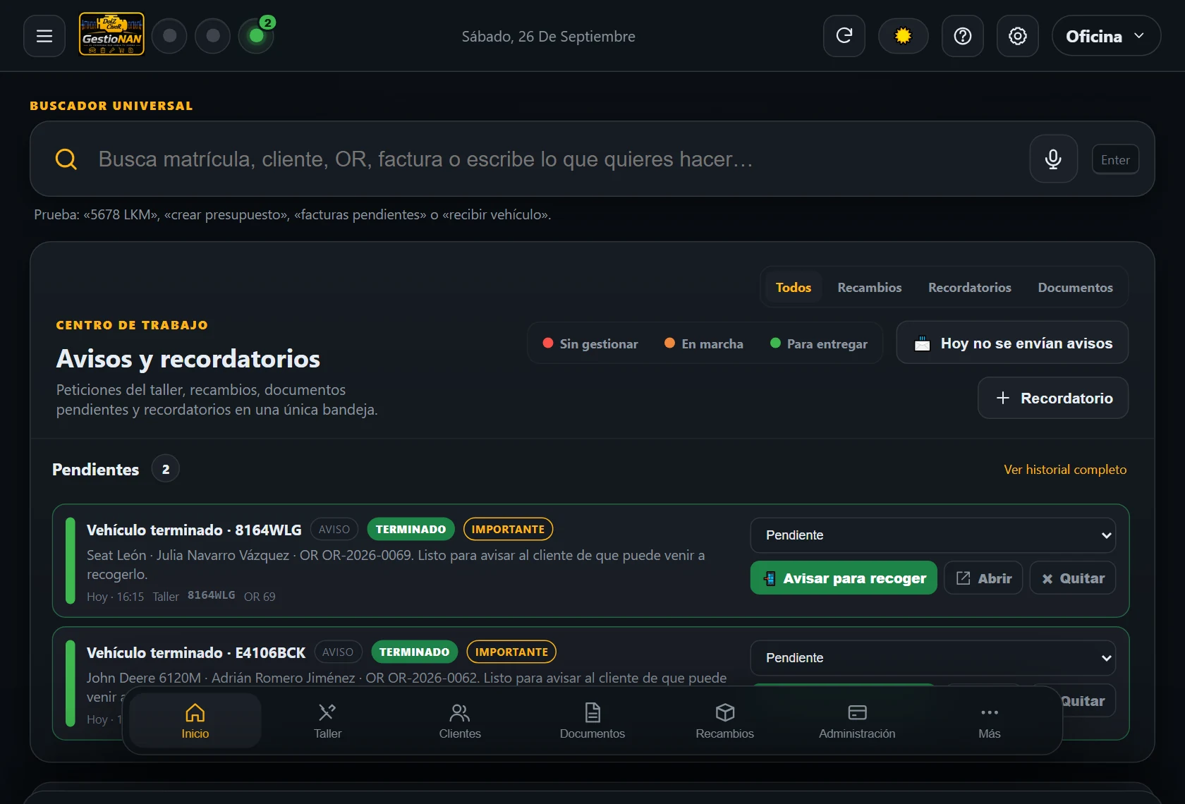 Pantalla de inicio de GestioNAN: buscador universal, avisos pendientes y plan del día en el taller